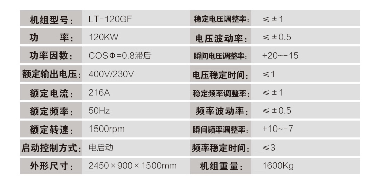 雷腾动力120kw发电机组参数